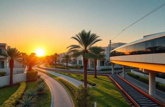 Modern Dubailand villa community with Metro Blue Line at sunset