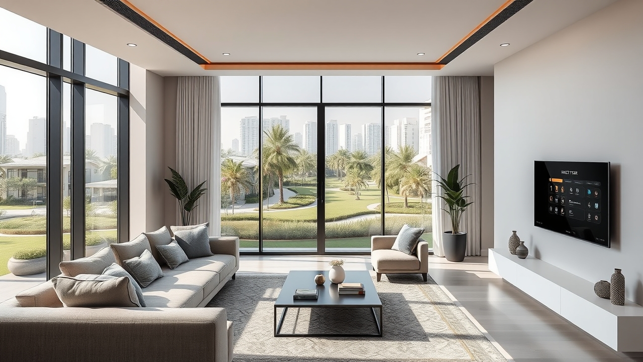Luxury 2026 Dubai apartment interior with park view