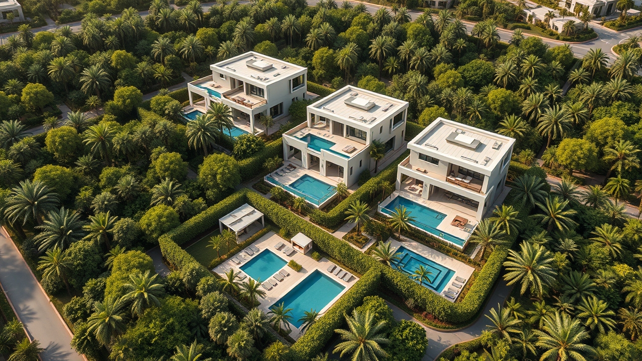 Aerial view of Al Barari luxury villas and botanical gardens