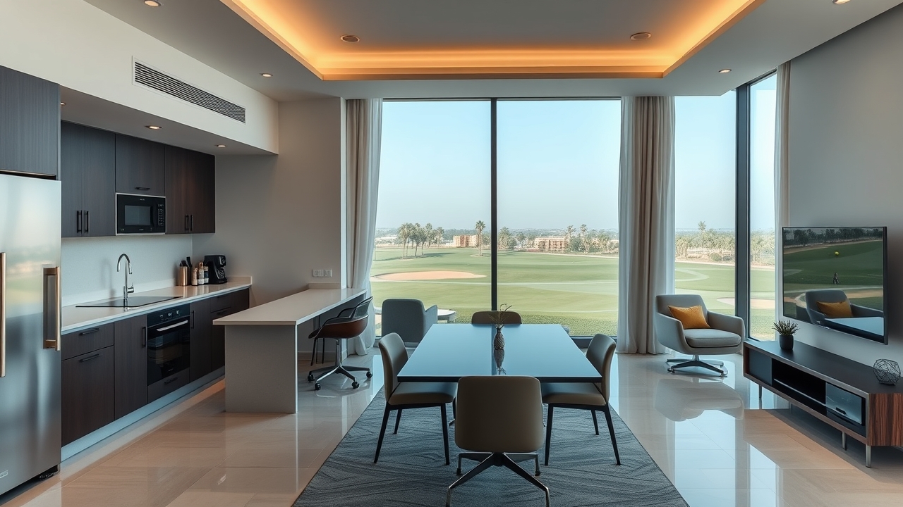 Serviced apartment lounge in Dubailand with golf course view