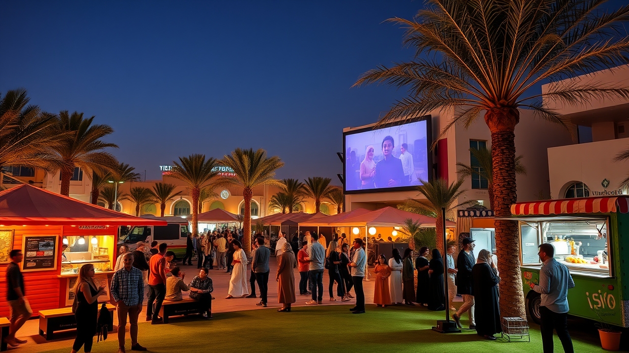 Community hub and outdoor cinema in Dubailand at night