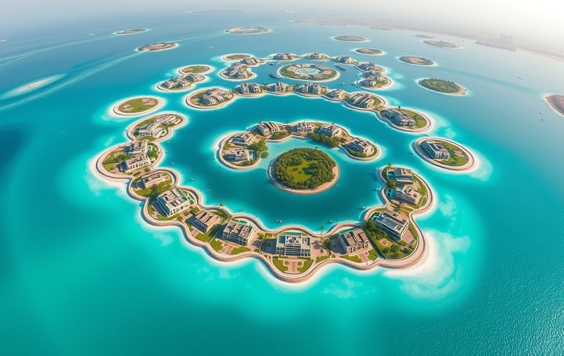 Aerial view of Jumeirah Islands clusters and lagoons in 2026