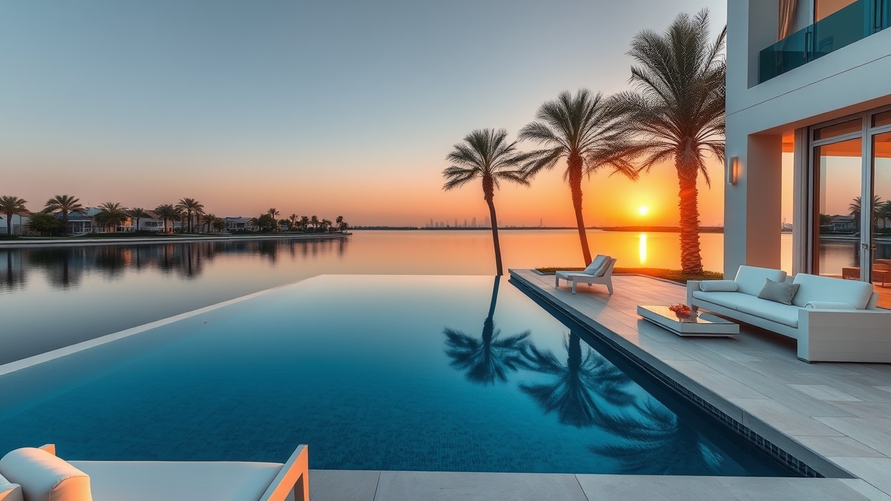 Luxury renovated villa backyard with infinity pool in Jumeirah Islands