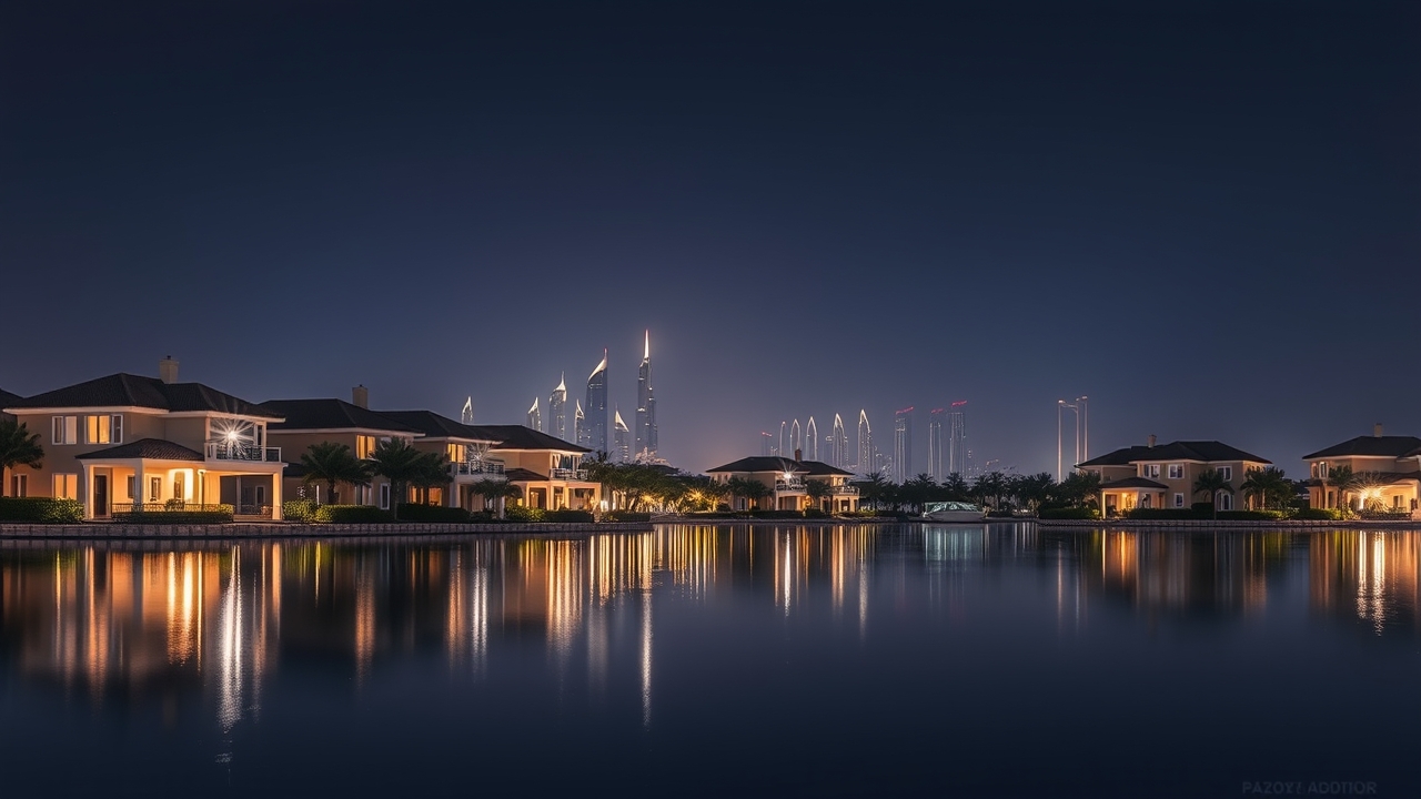 Night skyline view from Jumeirah Islands over the lake