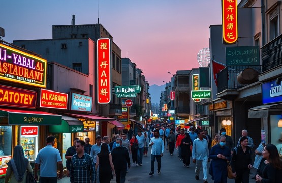 Bustling Al Karama street at night with restaurant lights