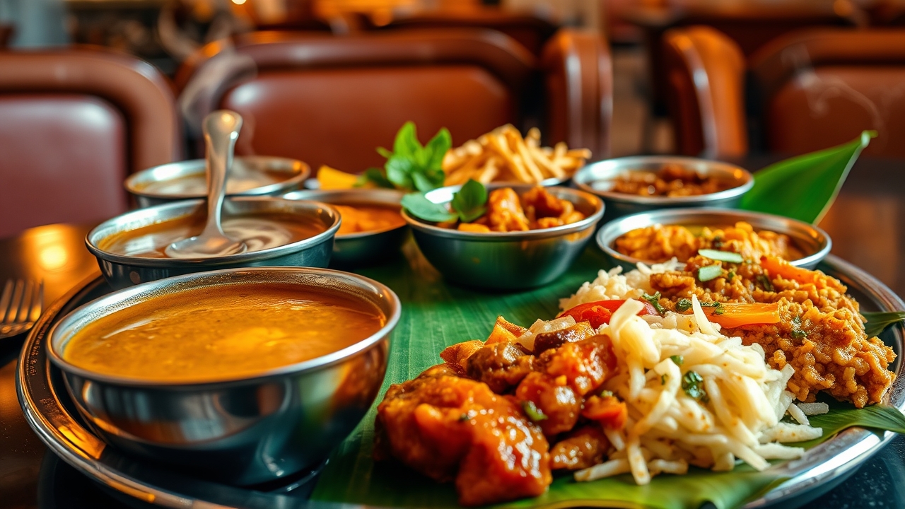 Traditional South Indian Thali on a banana leaf in Karama