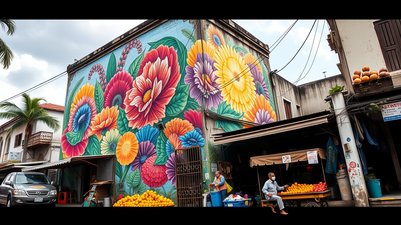 Vibrant street art mural on a building in Karama