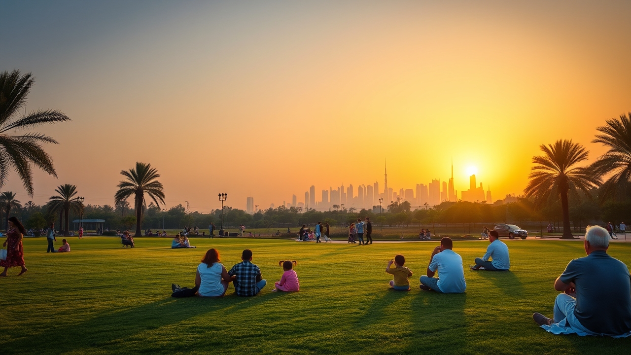 Families relaxing in Karama Park at sunset