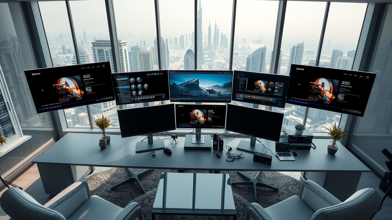 Professional Media Workspace with 8K Monitors