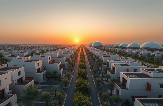 Overview of The Sustainable City villas and biodomes at sunset