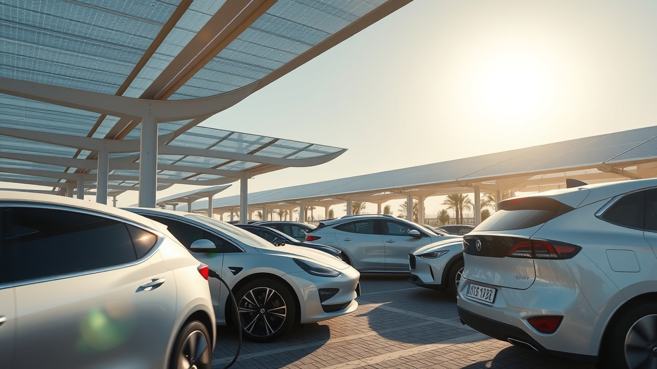 Solar panel carports with electric vehicles charging in Dubai