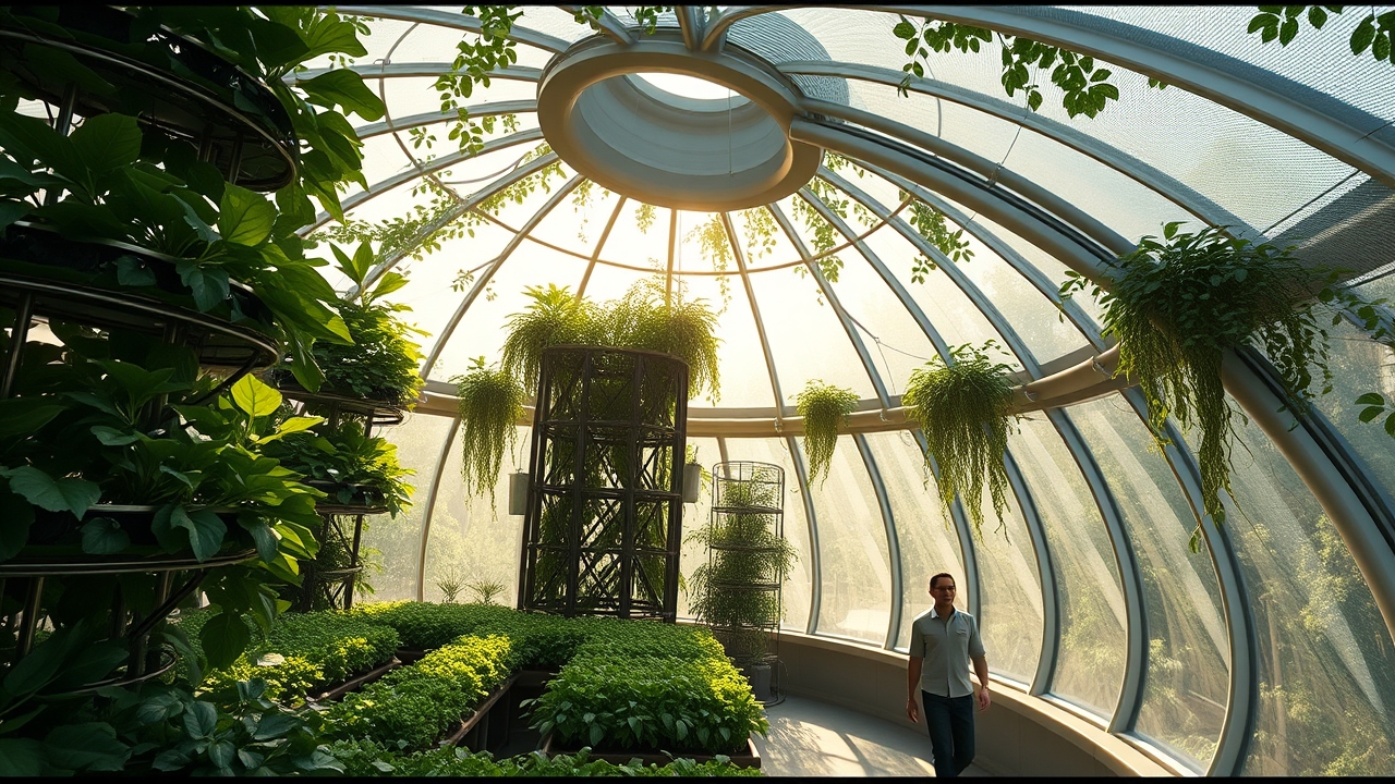 Inside an organic hydroponic biodome in The Sustainable City