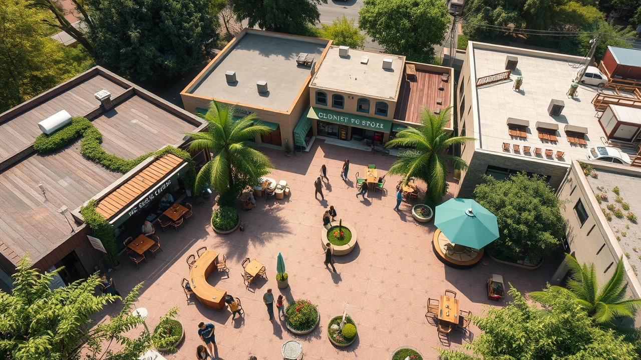 Aerial view of the pedestrian central plaza in Dubai Sustainable City
