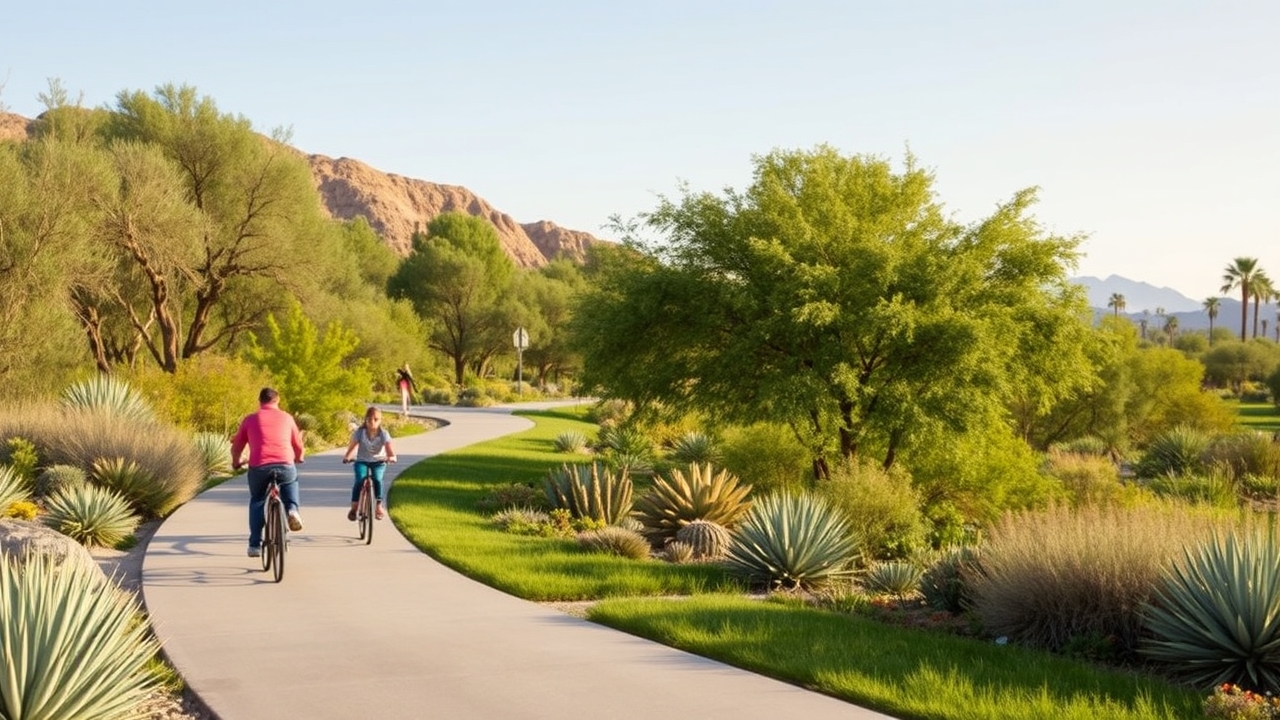 Family cycling through the car-free green spine corridor