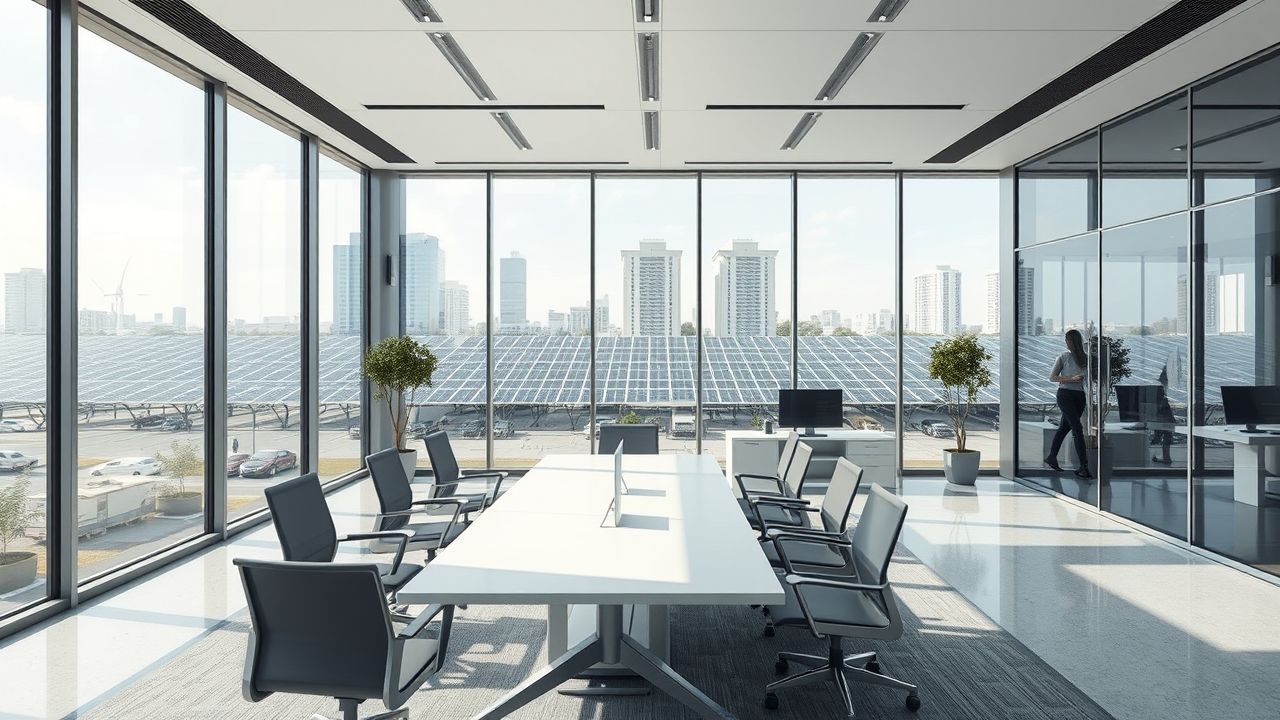 Modern sustainable office space with desert views