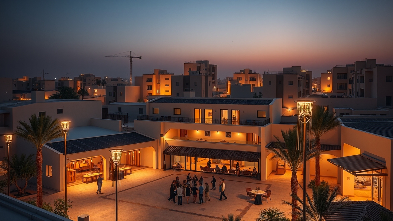 Community gathering in the central courtyard under solar lighting