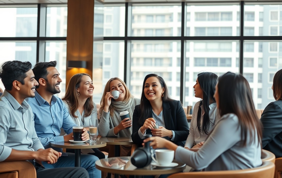 Expats networking in a DIFC coffee shop Dubai