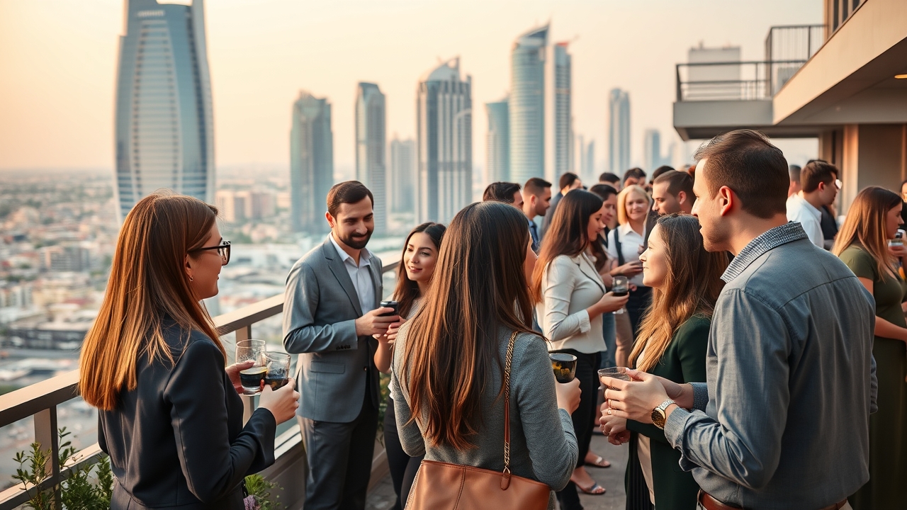 Professional networking event on a Dubai rooftop