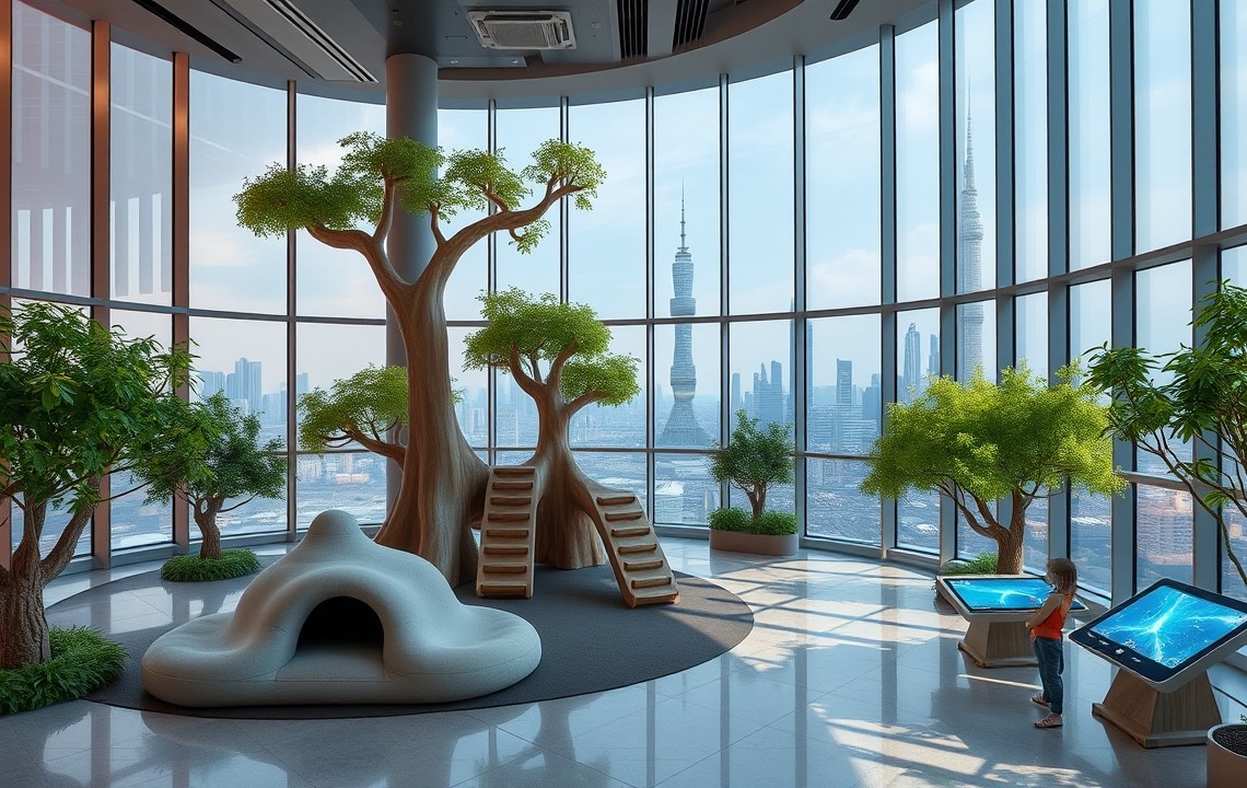 Modern luxury kids club with city view and biophilic design