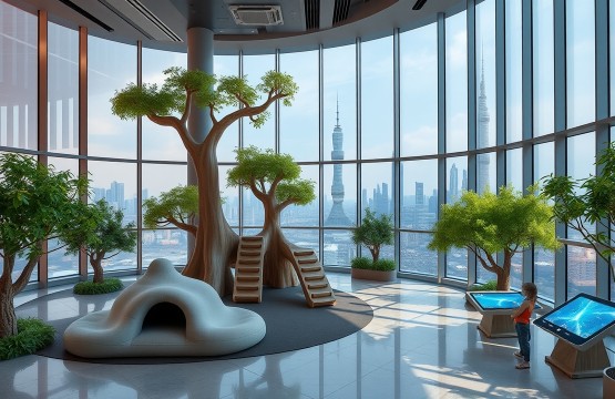 Modern luxury kids club with city view and biophilic design