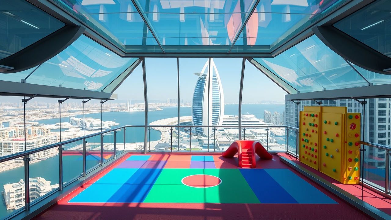 Rooftop play area in Dubai Marina with safety enclosures