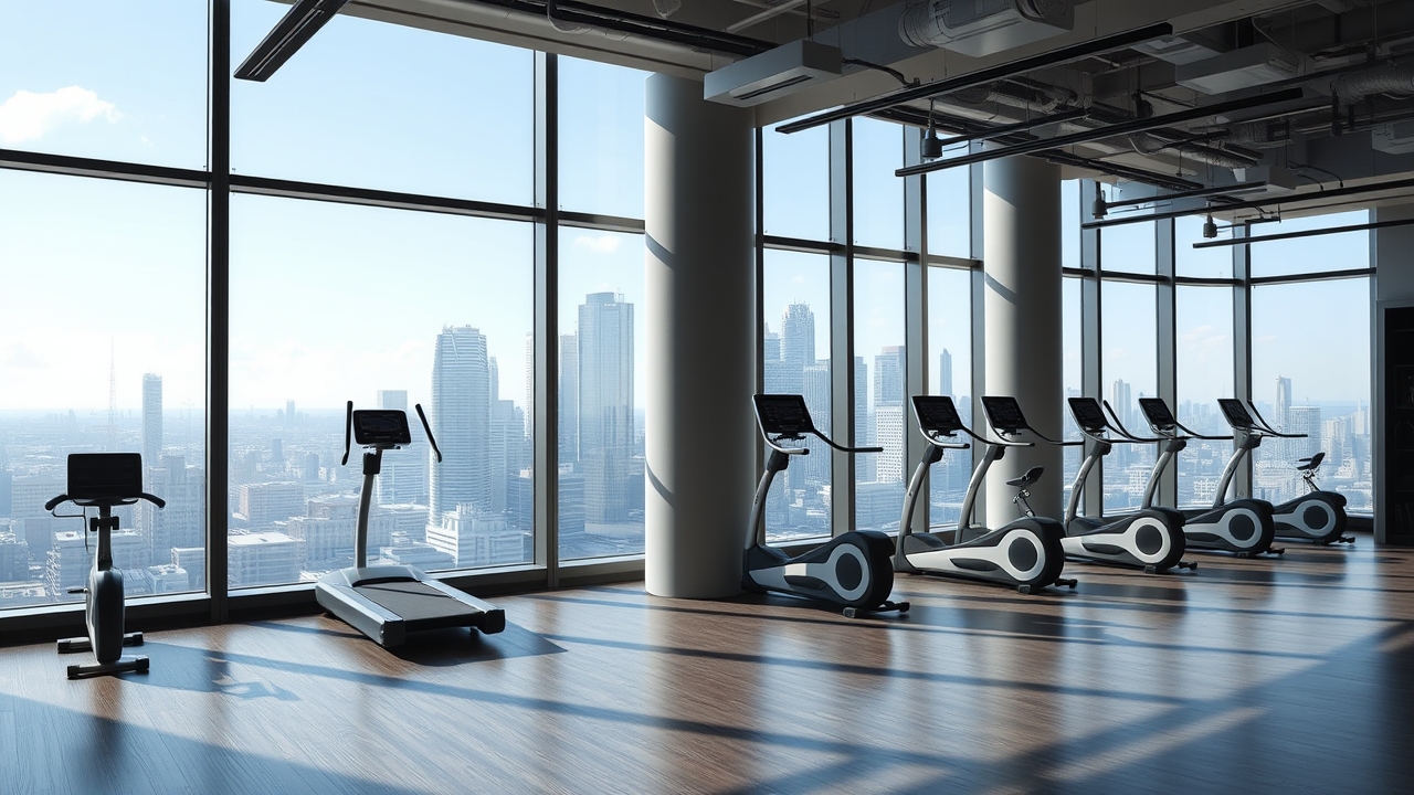 Modern residential gym with skyline view