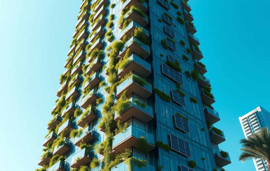 Futuristic green serviced apartment tower in Dubai with vertical gardens and solar panels.