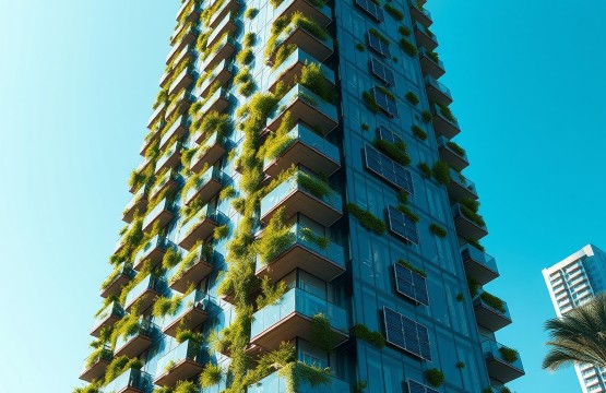 Futuristic green serviced apartment tower in Dubai with vertical gardens and solar panels.