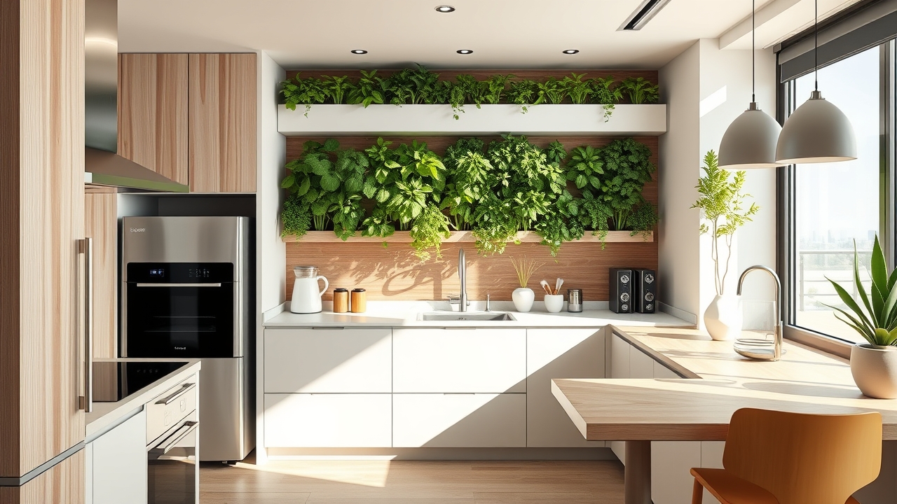 Eco-friendly kitchen in a Dubai serviced apartment with smart appliances and herb garden.