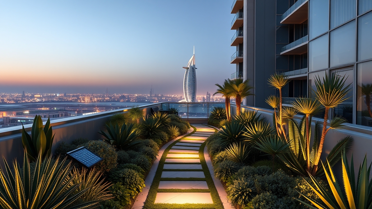 Sustainable rooftop garden in Dubai Marina with native plants and solar lighting.