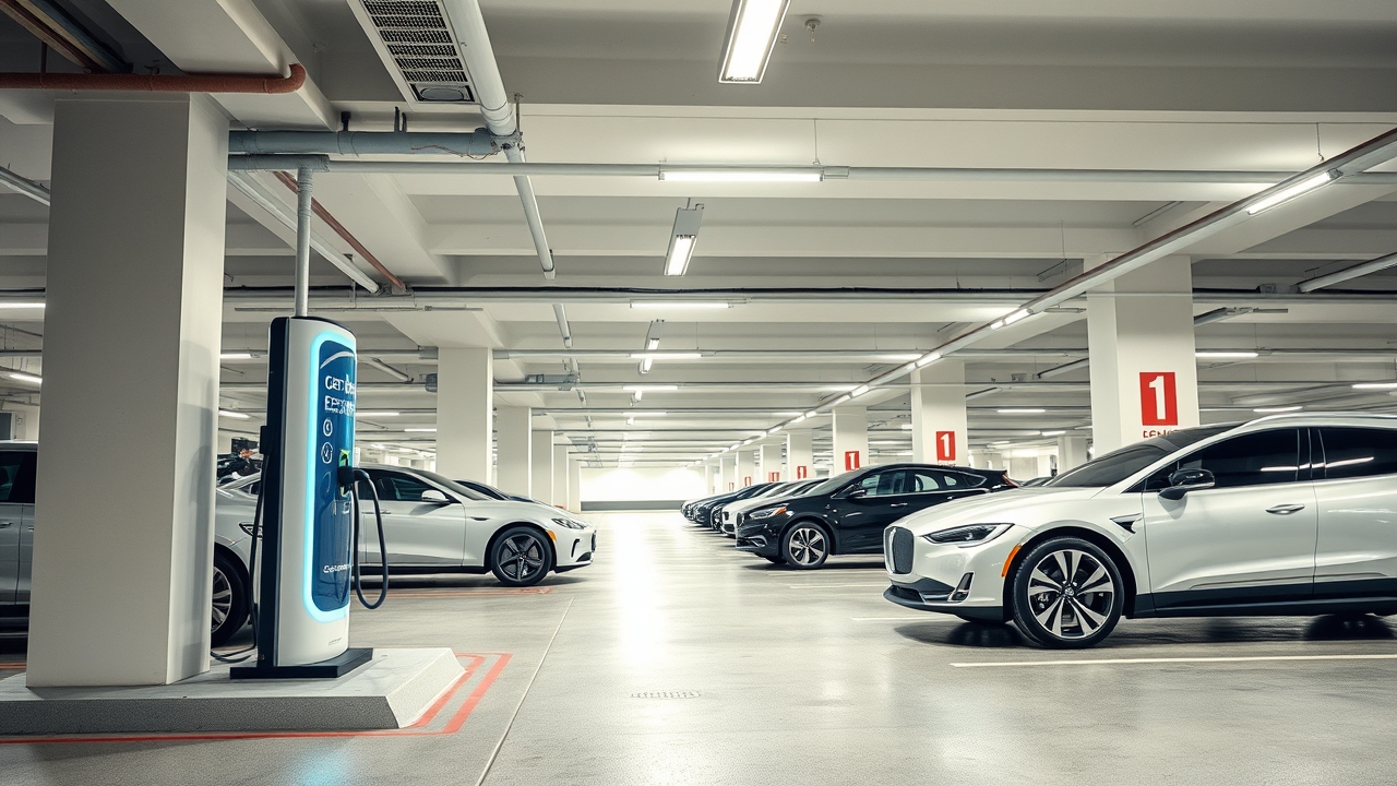 Luxury EV charging station in a Dubai serviced apartment parking garage.