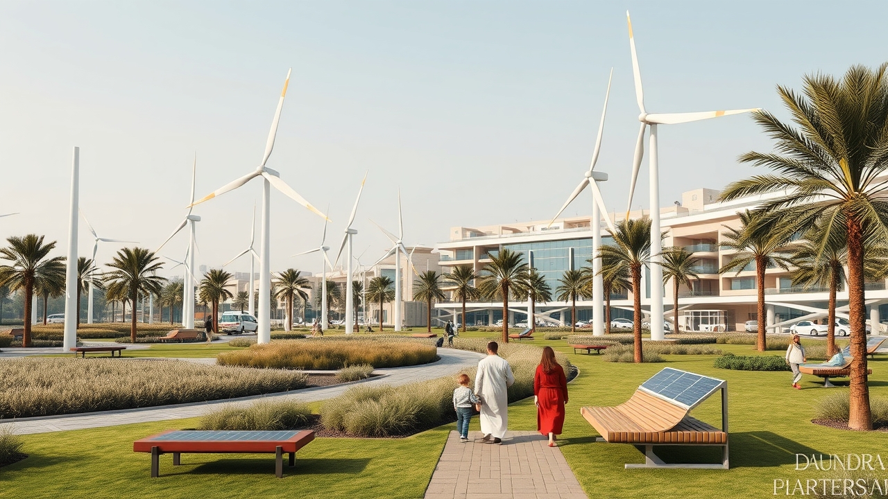 Eco-friendly community park in Dubai with solar benches and wind turbines.