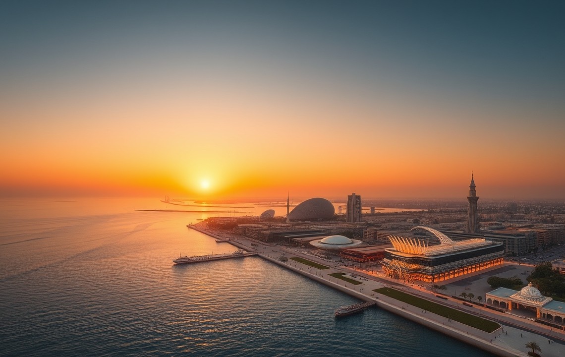 Aerial view of Sharjah Al Majaz Waterfront at sunset