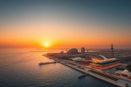 Aerial view of Sharjah Al Majaz Waterfront at sunset