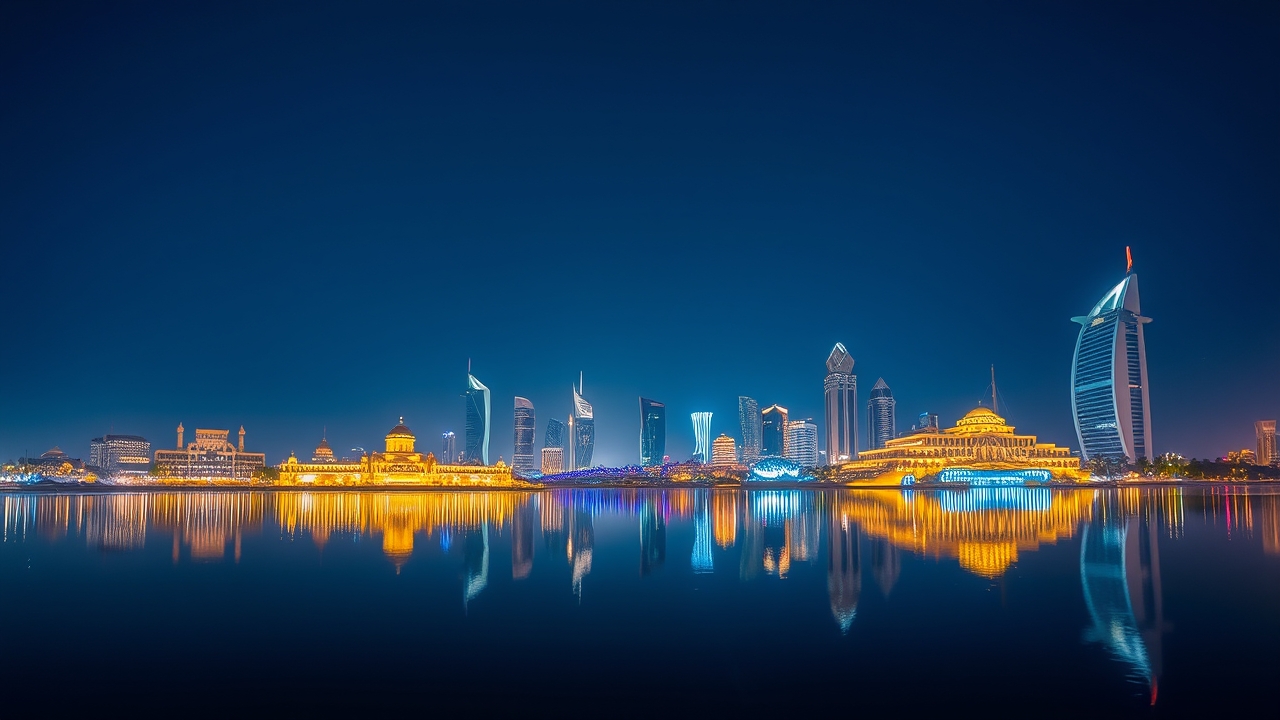 Sharjah skyline at night reflected in the water