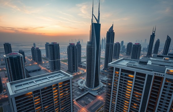 Aerial view of Dubai skyline and serviced apartment parking infrastructure