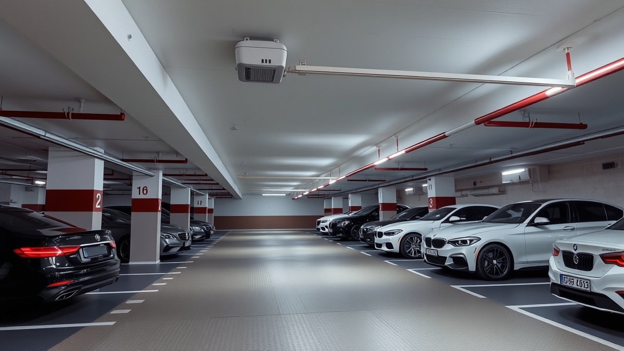Secure underground parking garage in a luxury Dubai serviced apartment