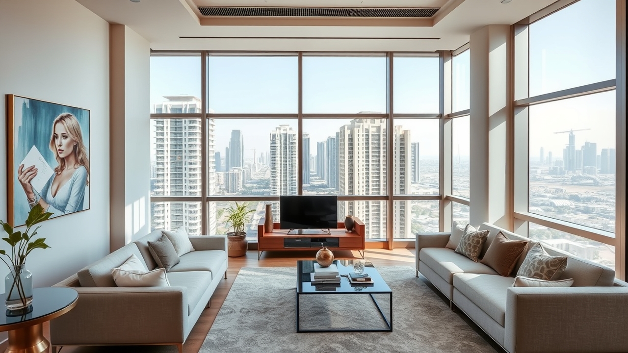 Luxury serviced apartment interior with city view in Dubai