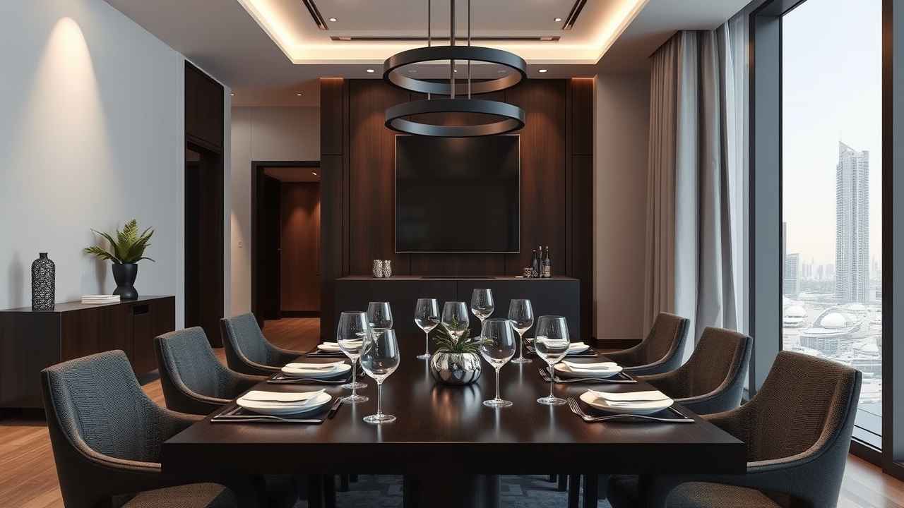Modern dining area with rented designer furniture in Dubai