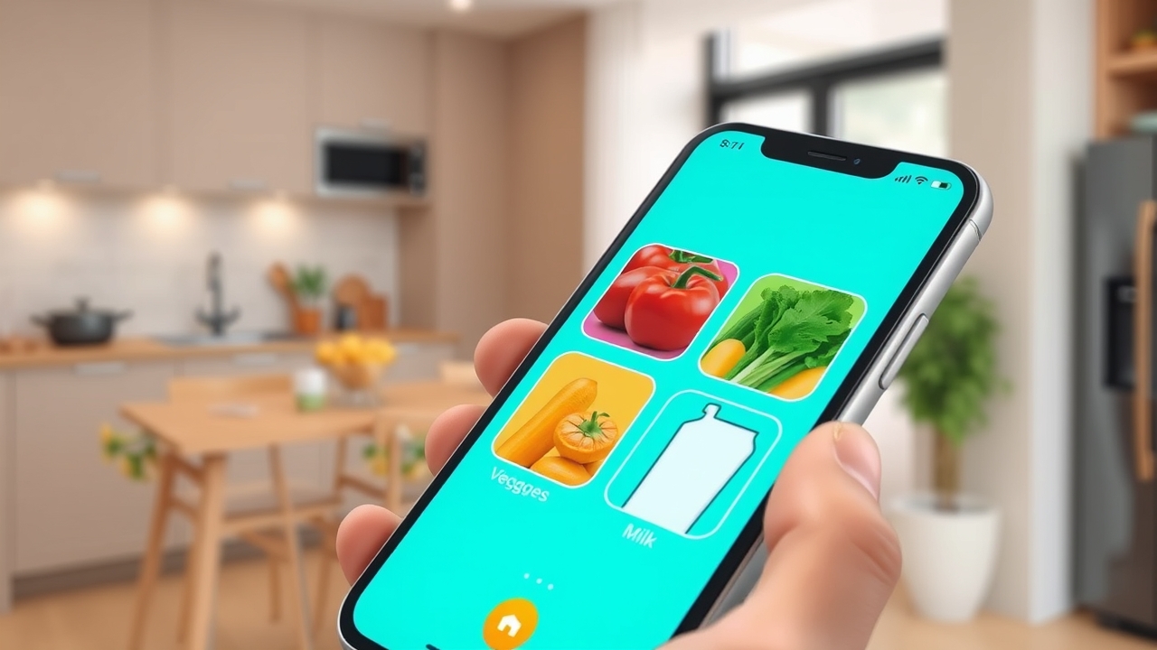 Digital nomad using grocery app in kitchen