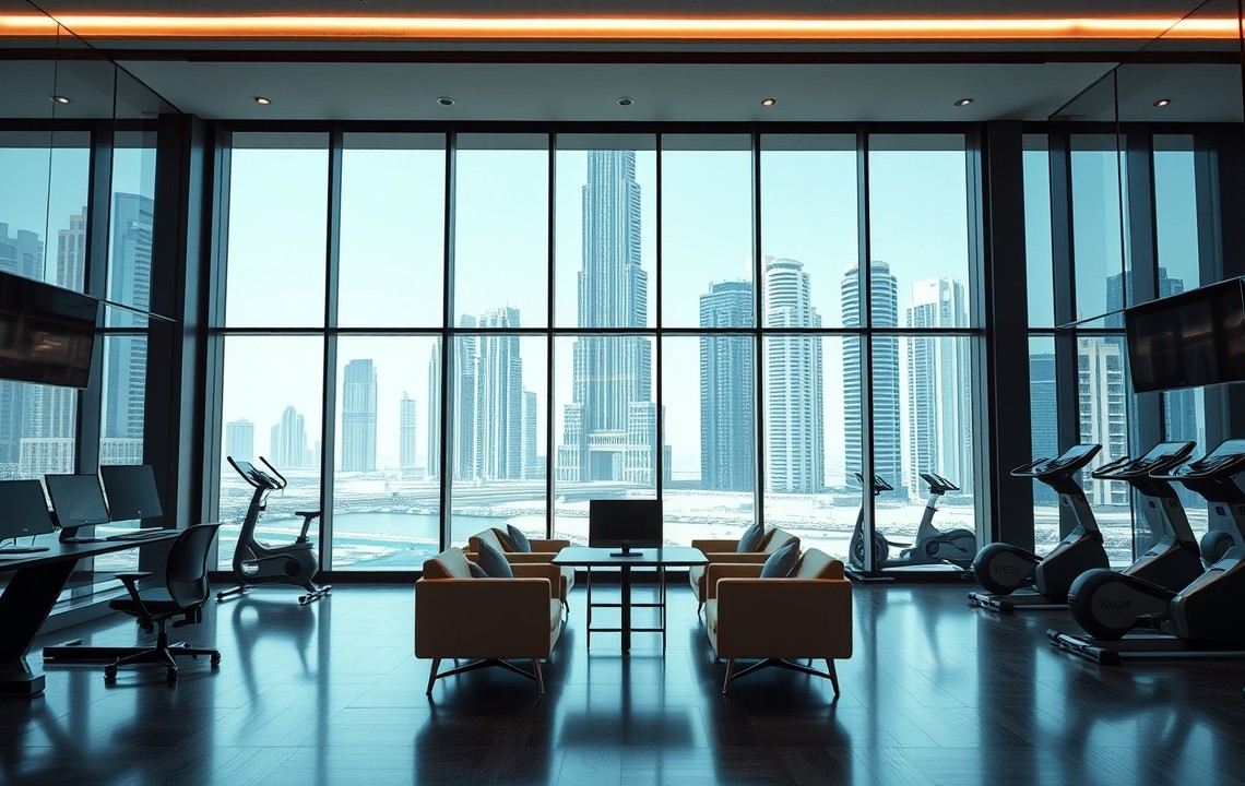Luxury Dubai gym with Burj Khalifa view and co-working lounge