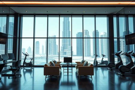 Luxury Dubai gym with Burj Khalifa view and co-working lounge
