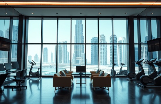 Luxury Dubai gym with Burj Khalifa view and co-working lounge