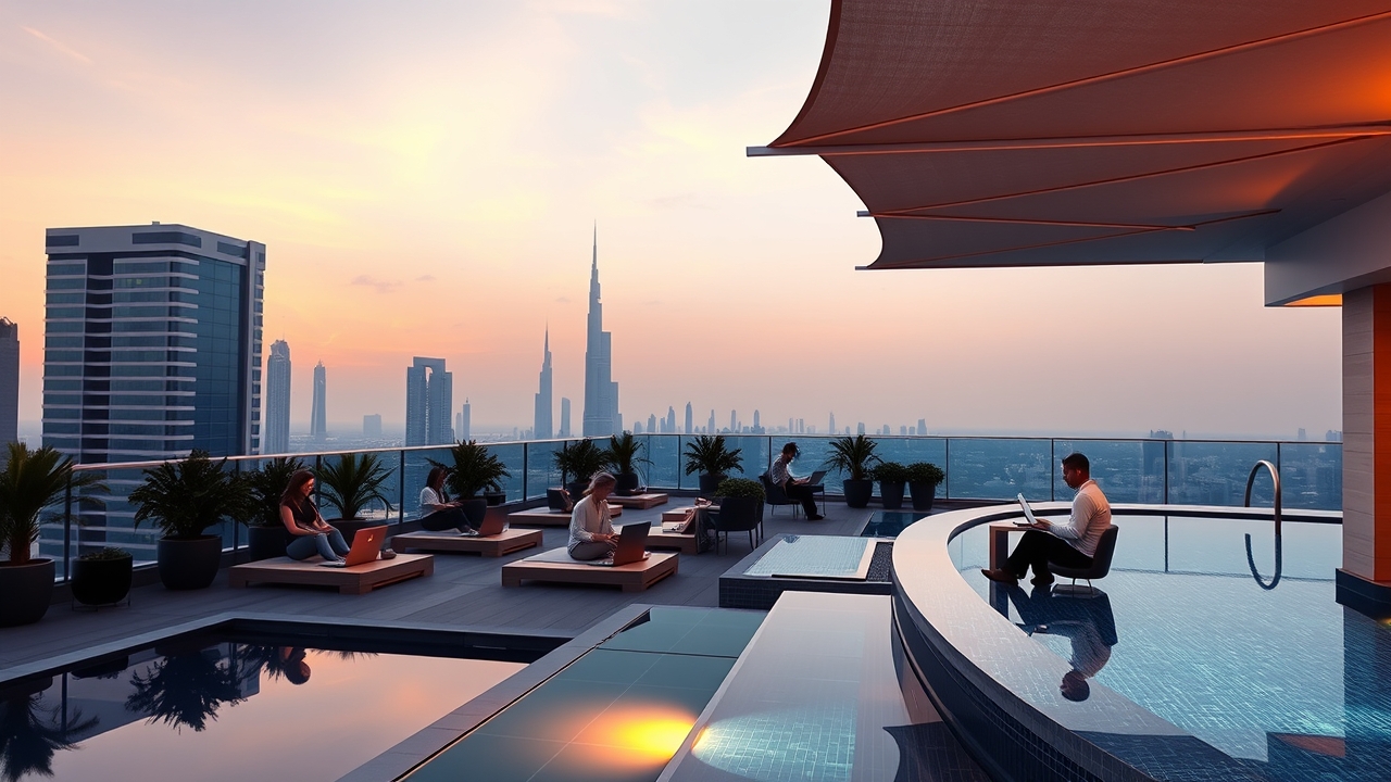 Rooftop co-working and pool area at a Dubai fitness hub