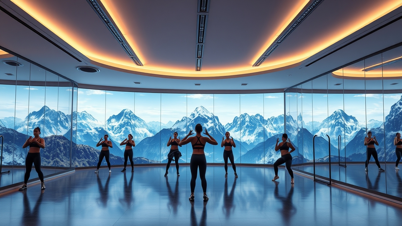 AI-integrated group fitness studio in a modern Dubai gym