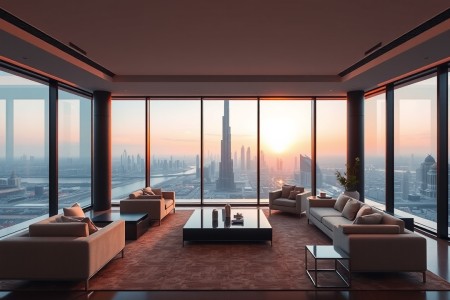 Luxury penthouse living room with Dubai skyline view
