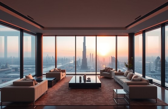Luxury penthouse living room with Dubai skyline view