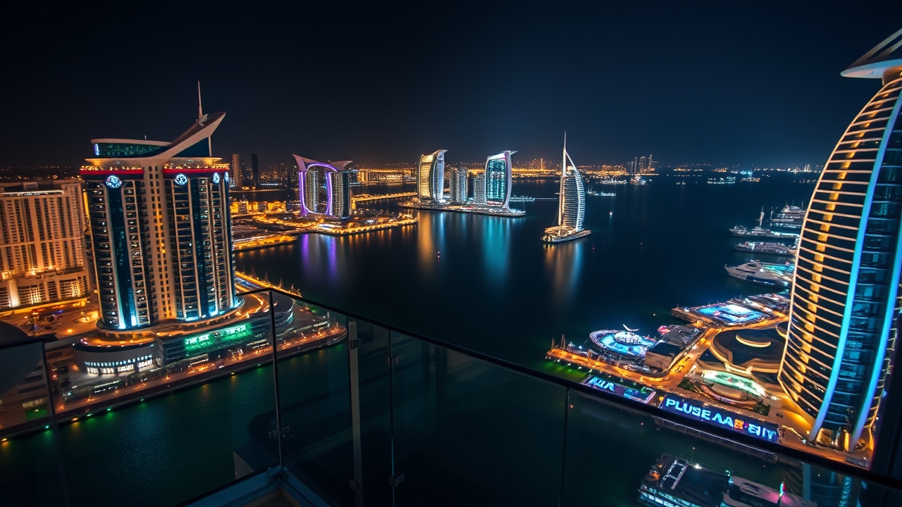 Dubai Marina night view from high-floor balcony