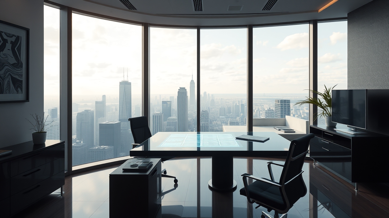 High-floor penthouse office with skyline view