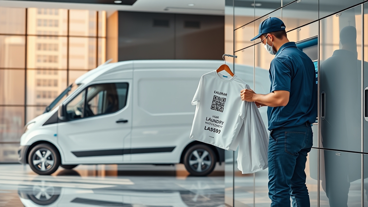 On-demand laundry delivery courier at a smart locker in Dubai